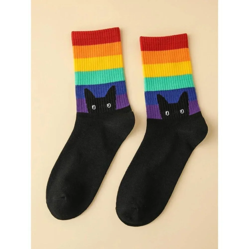 LGBT Rainbow Striped & Cat Print Crew Socks Multicolor/one-size
